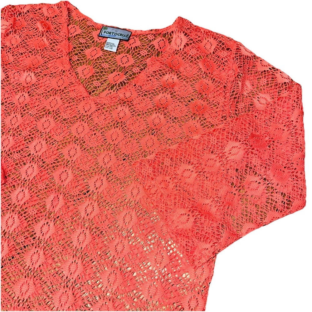 Portocruz Coral 3/4 Sleeve Lace Crochet Swim Suit Beach Cover Up Dress Women's L